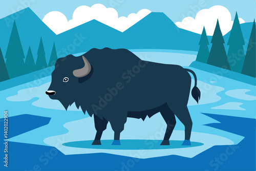 bison standing strong in frozen valley vector illustration