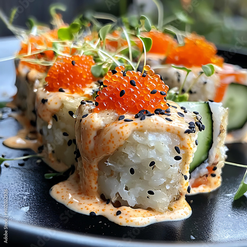 Sushi Roll with Fish Roe, Spicy Sauce, and Microgreens,Sushi Roll with Fish Roe and Spicy Sauce Topped with Microgreens,elaborate Sushi Rolls with Tobiko,uramaki Sushi Rolls with Tobiko,Japonese Sushi