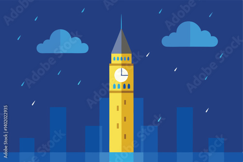 big ben glowing under rainy london sky vector illustration