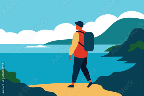 backpacker walking along quiet coastal path vector illustration