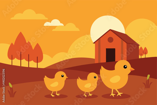baby chicks walking near barn at sunrise vector illustration
