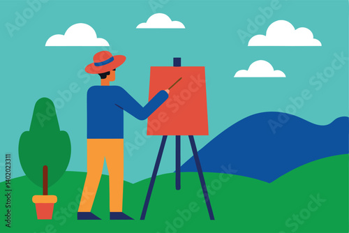 artist painting landscape outdoors with easel vector illustration