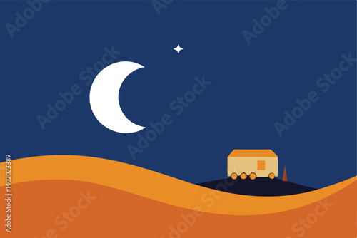 arabian desert caravan under crescent moon vector illustration