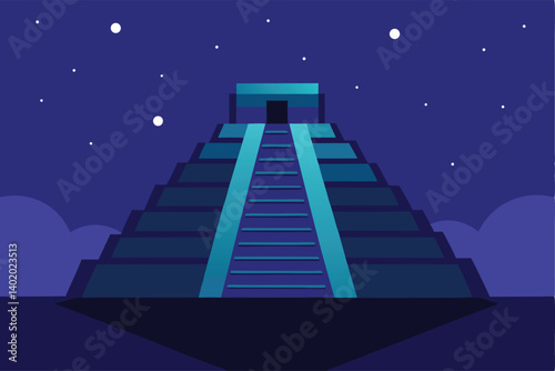 ancient mayan pyramid under night sky vector illustration