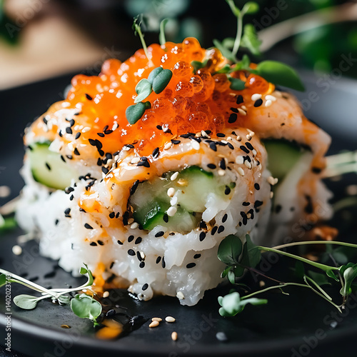 Sushi Roll with Fish Roe, Spicy Sauce, and Microgreens,Sushi Roll with Fish Roe and Spicy Sauce Topped with Microgreens,elaborate Sushi Rolls with Tobiko,uramaki Sushi Rolls with Tobiko,Japonese Sushi