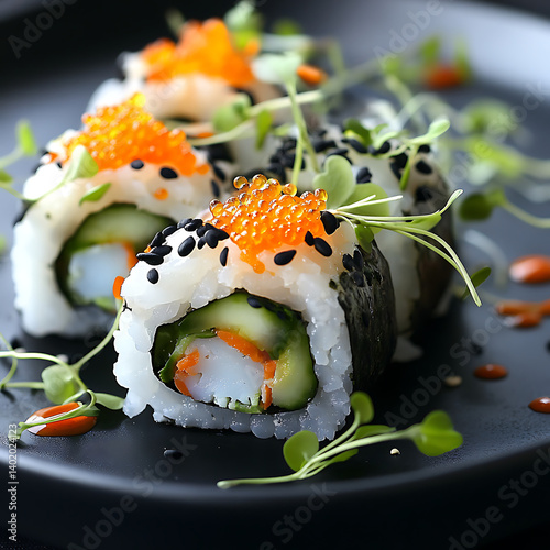 Sushi Roll with Fish Roe, Spicy Sauce, and Microgreens,Sushi Roll with Fish Roe and Spicy Sauce Topped with Microgreens,elaborate Sushi Rolls with Tobiko,uramaki Sushi Rolls with Tobiko,Japonese Sushi
