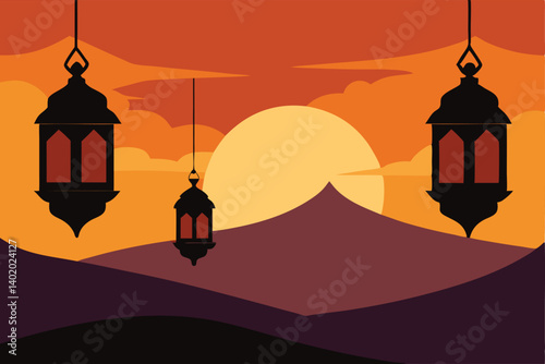moroccan lanterns hanging in desert sunset vector illustration