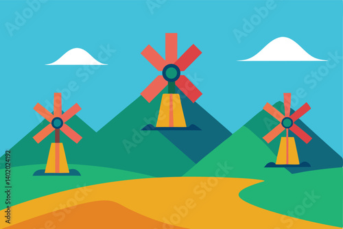 hills with giant paper windmills spinning in wind vector illustration
