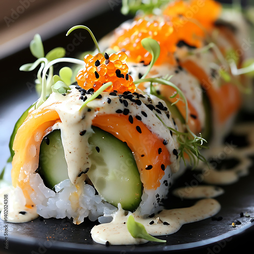 Sushi Roll with Fish Roe, Spicy Sauce, and Microgreens,Sushi Roll with Fish Roe and Spicy Sauce Topped with Microgreens,elaborate Sushi Rolls with Tobiko,uramaki Sushi Rolls with Tobiko,Japonese Sushi