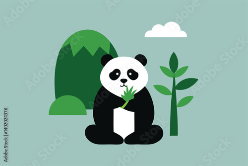 panda eating bamboo under misty tree vector illustration