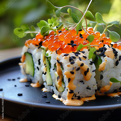 Sushi Roll with Fish Roe, Spicy Sauce, and Microgreens,Sushi Roll with Fish Roe and Spicy Sauce Topped with Microgreens,elaborate Sushi Rolls with Tobiko,uramaki Sushi Rolls with Tobiko,Japonese Sushi
