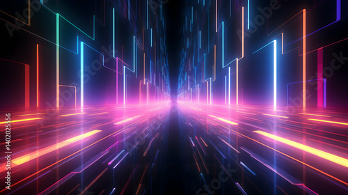 A vibrant neon highway stretching into a futuristic digital landscape  glowing with pink  blue  and orange lights creating a dynamic  energetic feel.