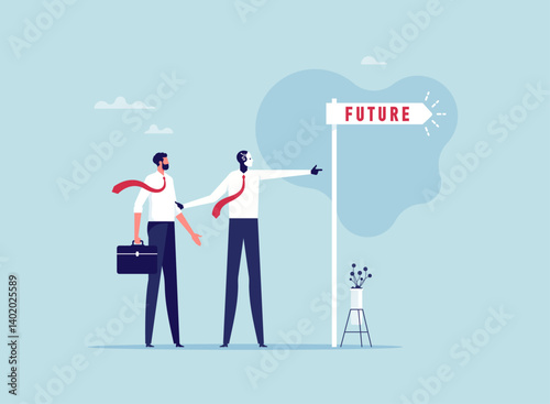 Artificial Intelligence help business success, future of AI working with humanity, robot automation or innovation support, business support, robot help businessman look on future