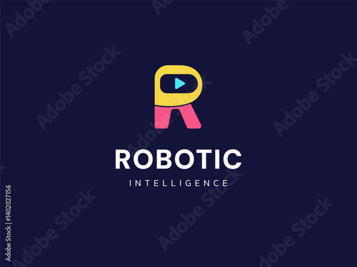 Robotic intelligence with letter R colorful Friendly robot face technology Analysis logo vector design concept. AI technology logotype symbol for advance technology, tech company, ui, innovation, web.