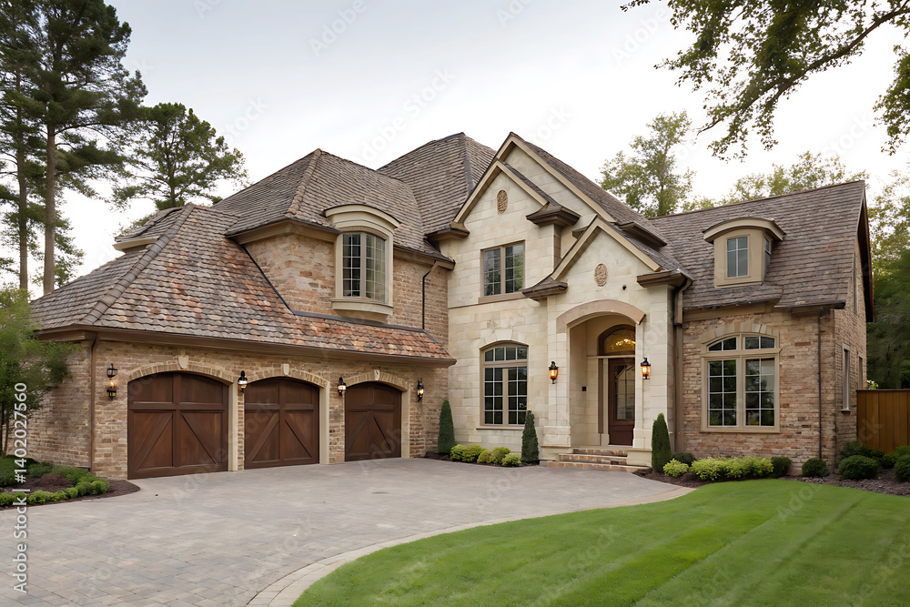 Fototapeta premium Modern Villa Exterior In Summer Luxury house exterior with brick and siding trim