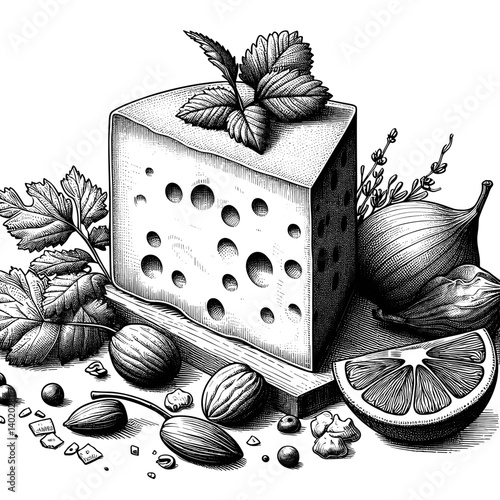 Cheese with herbs and fruits displayed on a wooden board  