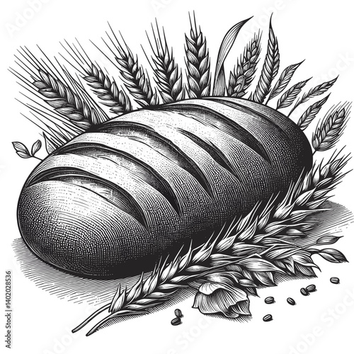 Bread loaf with wheat and grains in vintage style  