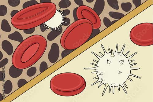 32 Medical illustration, microscopic view, blood cells, red blood cells, white blood cells, platelets, leopard print texture, gold divider, colorful, scientific, detailed, vibrant colors, anatomical, 