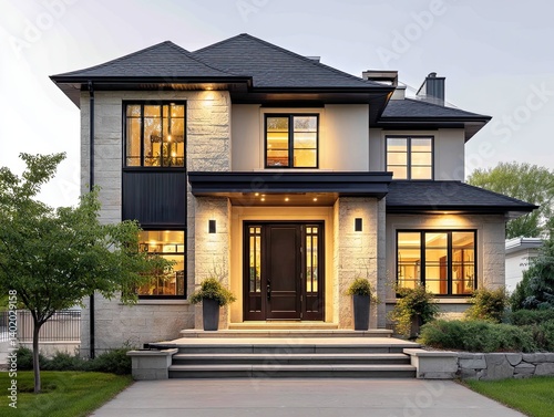 Contemporary luxury residence featuring a stone facade and bright warm lighting for high-end home design marketing.
