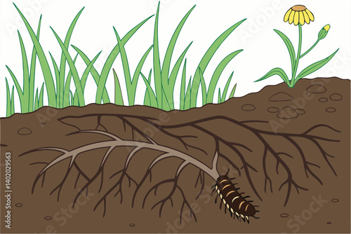 33 Underground ecosystem, cross-section view, grub in soil, grass roots, dead plant, rich brown earth, green blades of grass, blue sky, photorealistic, detailed textures, macro photography, educationa