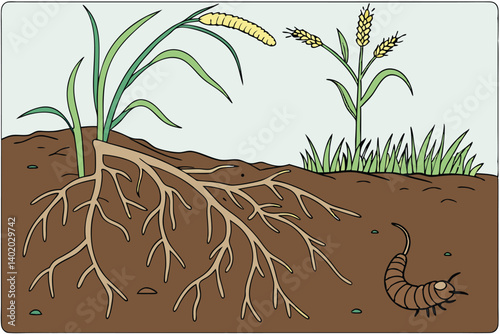 33 Underground ecosystem, cross-section view, grub in soil, grass roots, dead plant, rich brown earth, green blades of grass, blue sky, photorealistic, detailed textures, macro photography, educationa