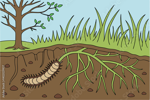 33 Underground ecosystem, cross-section view, grub in soil, grass roots, dead plant, rich brown earth, green blades of grass, blue sky, photorealistic, detailed textures, macro photography, educationa