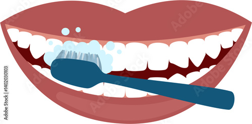 Cartoon Mouth Brushing Teeth with Foamy Toothpaste and Blue Toothbrush