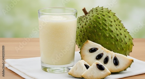 Refreshing soursop juice still life with creamy texture and fibrous strands photo