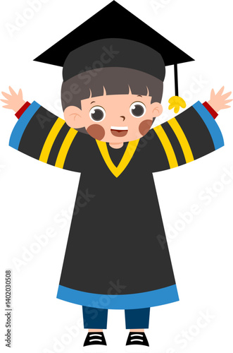Cartoon Boy in Graduation Gown, Smiling with Arms Raised, Academic Success.