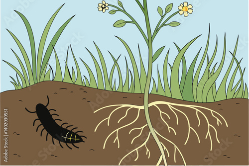 33 Underground ecosystem, cross-section view, grub in soil, grass roots, dead plant, rich brown earth, green blades of grass, blue sky, photorealistic, detailed textures, macro photography, educationa