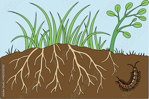 33 Underground ecosystem, cross-section view, grub in soil, grass roots, dead plant, rich brown earth, green blades of grass, blue sky, photorealistic, detailed textures, macro photography, educationa