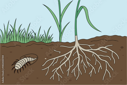 33 Underground ecosystem, cross-section view, grub in soil, grass roots, dead plant, rich brown earth, green blades of grass, blue sky, photorealistic, detailed textures, macro photography, educationa