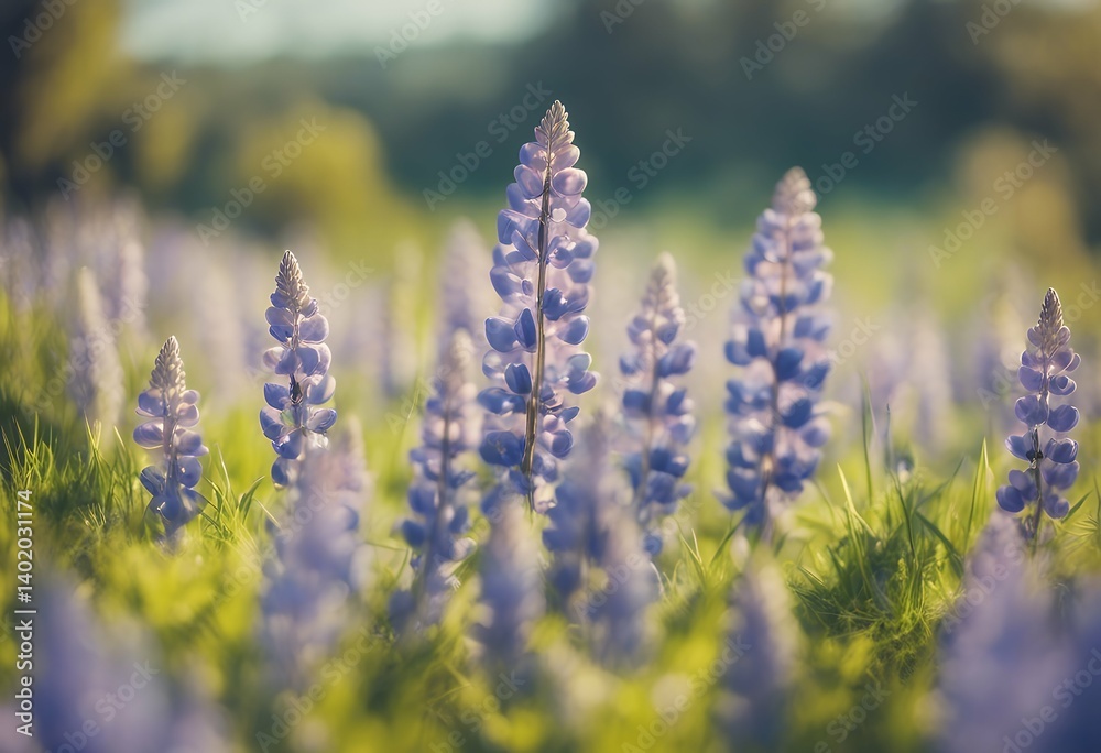 Obraz premium bright spring background blue lupines sky clear sunshine fresh