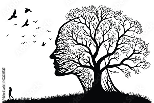 34 Surreal art, human head-shaped tree, birds flying away, branches forming brain structure, black and white photography, symbolic imagery, memory loss concept, solitary tree in field, dramatic cloudy