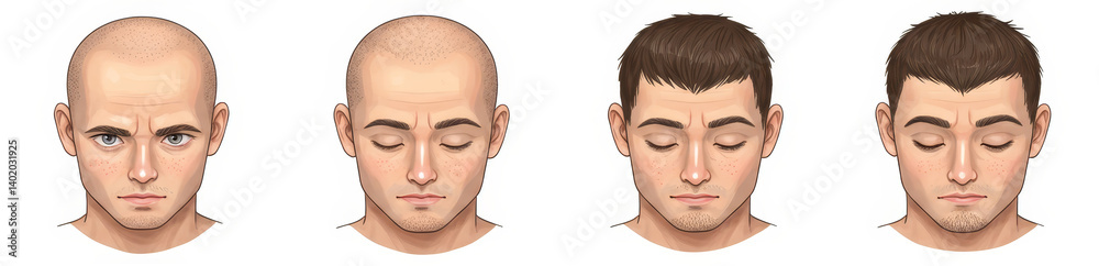 Male Head Shapes and Hairlines - Four illustrations showcasing variations in male head shapes and hairlines, from bald to full head of hair Male Head Shapes and Hairlines - Four illustrations showcasing variations in male head shapes and hairlines, from bald to full head of hair