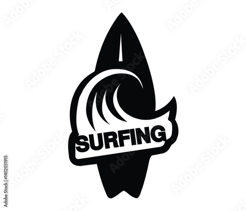 Stylish Surf board icon, surfboard and wave graphic design.