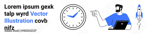 Man using laptop while pointing at a clock, symbolizing time management, productivity, and goals with space rocket indicating innovation. Ideal for business, tech, startup, productivity, innovation