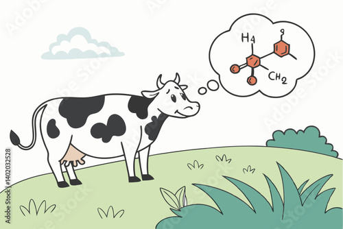 35 Dairy cow in field, methane emissions, CH4 molecule, cartoon style, environmental impact, climate change illustration, green grass, blue sky, white clouds, black and white spotted cow, thought bubb