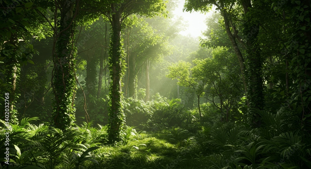 Obraz premium Sunlit Green Jungle Path - Lush green jungle, sunlight filtering through leaves, peaceful atmosphere, serene nature, vibrant foliage. Symbolizing tranquility, growth, exploration, mystery, and renewal