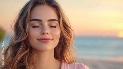Serene Young Woman at Sunset Beach Portrait