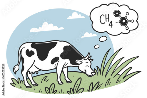 35 Dairy cow in field, methane emissions, CH4 molecule, cartoon style, environmental impact, climate change illustration, green grass, blue sky, white clouds, black and white spotted cow, thought bubb