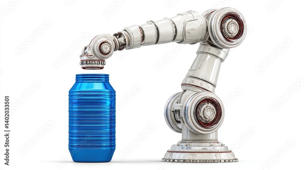Robotic Arm Placing Blue Container Industrial Automation Scene Robotic Arm Placing Blue Container Industrial Automation Scene