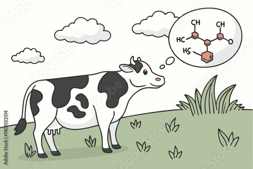 35 Dairy cow in field, methane emissions, CH4 molecule, cartoon style, environmental impact, climate change illustration, green grass, blue sky, white clouds, black and white spotted cow, thought bubb