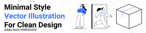 Woman pondering, figure stepping out of a frame, transparent geometric cube. Ideal for creativity, minimalism, innovation, modern design, digital concepts, problem-solving flat landing page banner