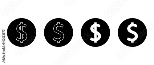 Dollar, money icon set on black circle. USD currency, price sign symbol