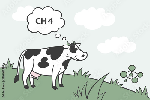 35 Dairy cow in field, methane emissions, CH4 molecule, cartoon style, environmental impact, climate change illustration, green grass, blue sky, white clouds, black and white spotted cow, thought bubb