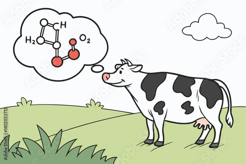 35 Dairy cow in field, methane emissions, CH4 molecule, cartoon style, environmental impact, climate change illustration, green grass, blue sky, white clouds, black and white spotted cow, thought bubb