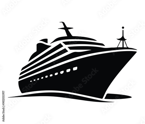 cruise ship icon, cruise ship silhouette vector illustration with Black and White Silhouette of a Cruise Ship at Sea.