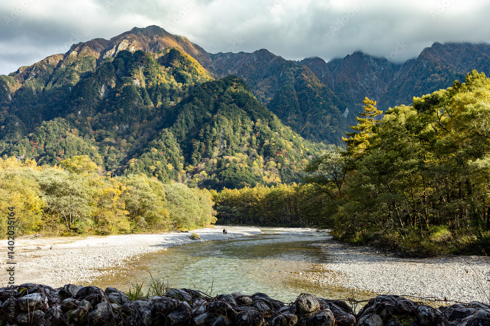 captures the breathtaking beauty of Kamikochi, a mountainous highland valley in the Northern Japan Alps.