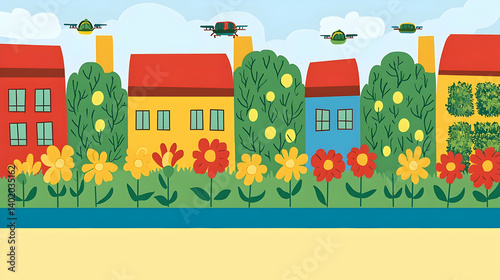 Colorful houses, flowering gardens, drone delivery, sunny day; ideal for children's book illustration